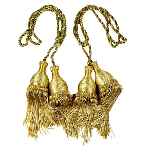 Set Gold Curtain Tie Back Fringe Tassels Hollywood Regency u 17 in - Picture 1 of 3